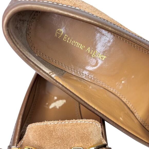 8 Etienne Aigner Preppy Brown Tan Suede Leather Moc Loafers Flats Academia - Picture 5 of 9